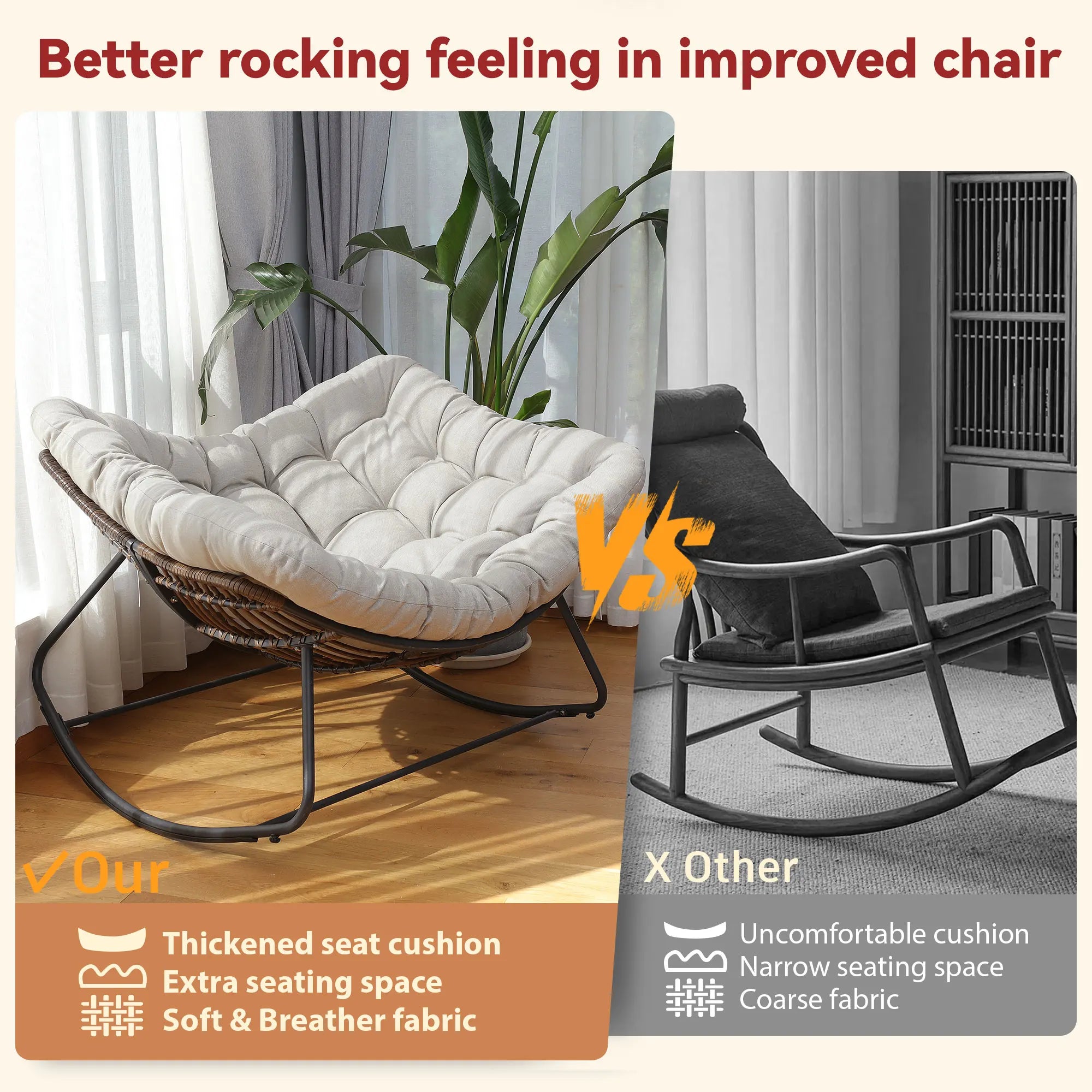 Wicker Egg Rocking Chair – Oversized Papasan Chair with Padded Cushion