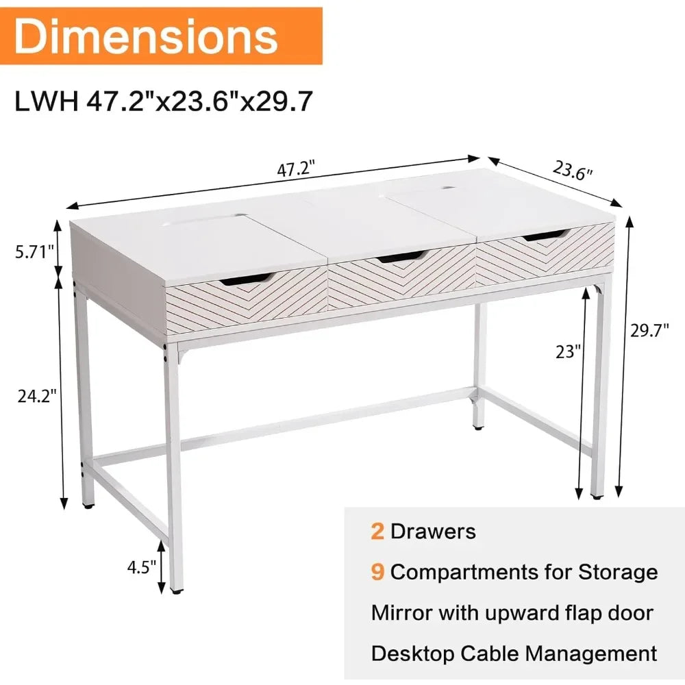 47 Inch Makeup Vanity Desk with Mirror Girls Dressing Table for Bedroom Home Office Desk with 2 Drawers And Cable Management