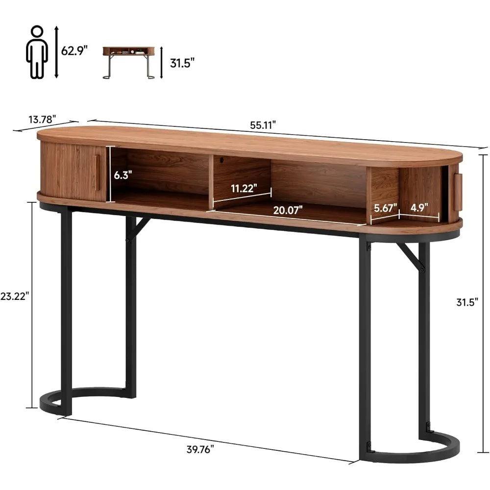 55 Inch Console Table with Sliding Door and 2 Drawers, Entryway Sofa Table with Metal Legs, Long Behind Couch Storage Furniture