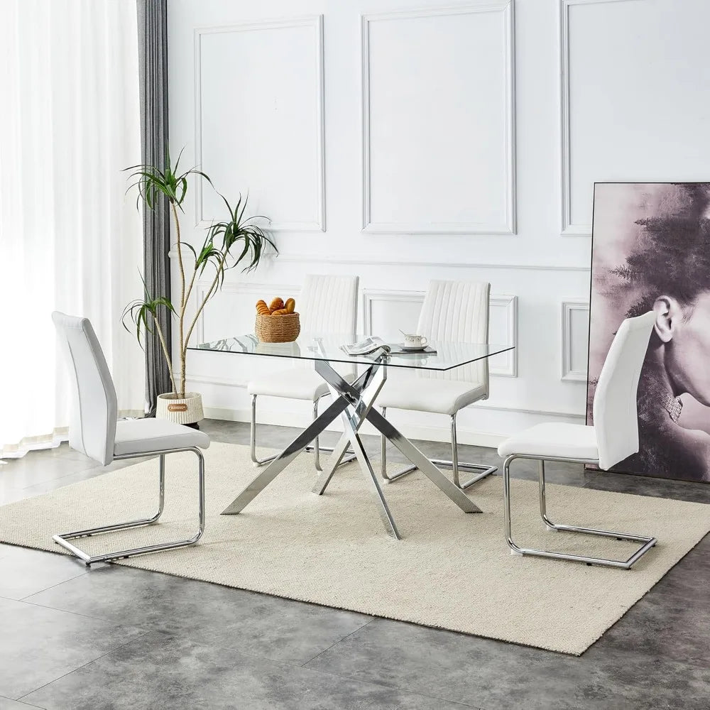 Glass Dining Table for 4 People, 51.2 Inches Rectangular Glass Kitchen Table with Steel Legs, Modern Dining Room Table fo