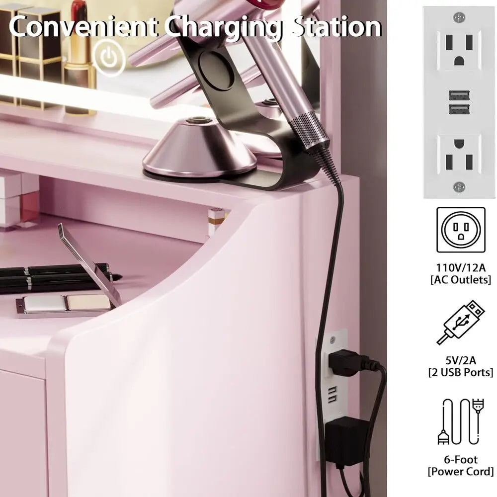 LIKIMIO Small Makeup Vanity Desk with Mirror and Lights, Vanity Table Set with Storage Drawer, Chair and Three Shelves, Bedroom