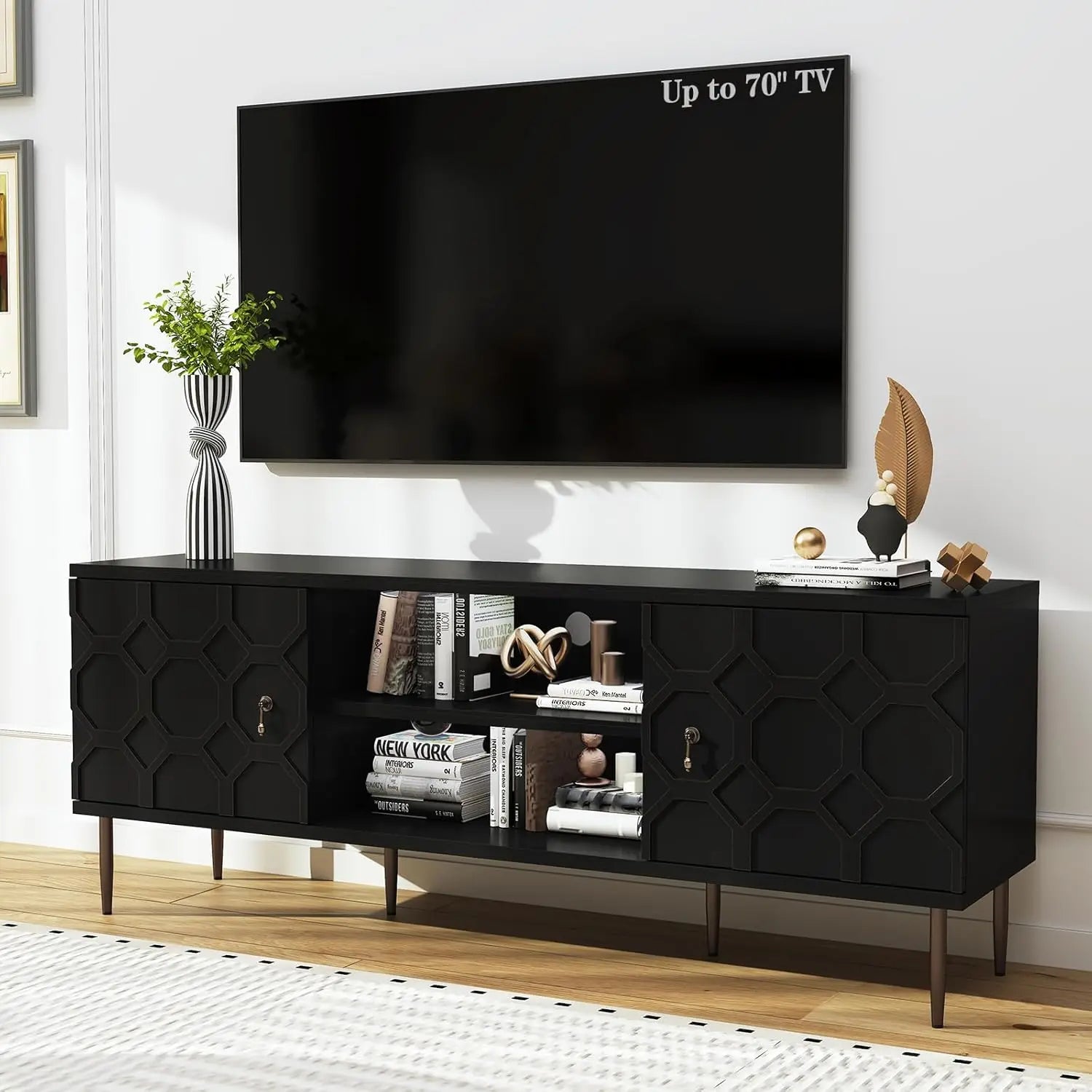 Modern TV Stand for 65/70inch TV, Entertainment Center with Storage Cabinet and Open Shelves, Embossed Pattern TV Stand, TV and