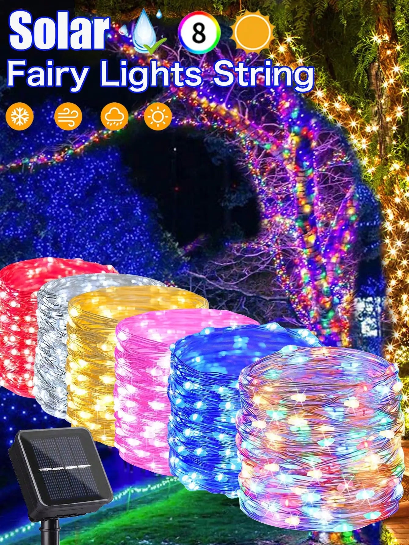 4Pcs 160ft Solar String Lights - 400Pcs Led Outdoor Fairy Lights, 8 Modes, Waterproof for Garden, Terrace, Tree Decoration - Great for Christmas, Weddings and Party (Warm Light) Ip44