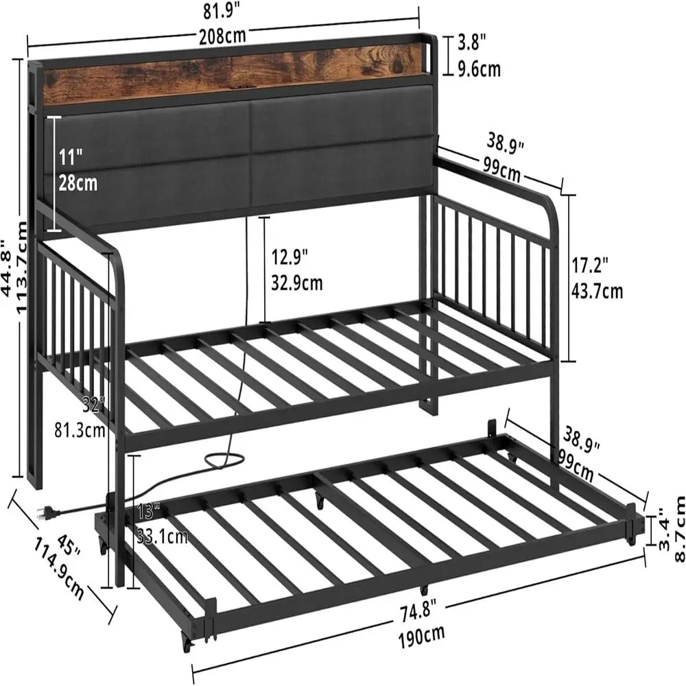 Metal Daybed with Trundle – Upholstered Headboard & Charging Station (Full / Twin XL)