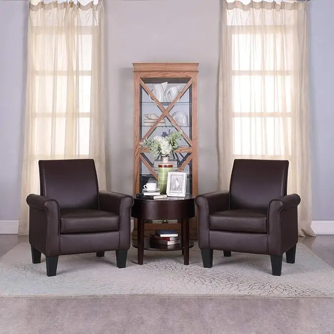 PU Leather Accent Chairs – Set of 2 Overstuffed Mid-Century Modern Armchairs