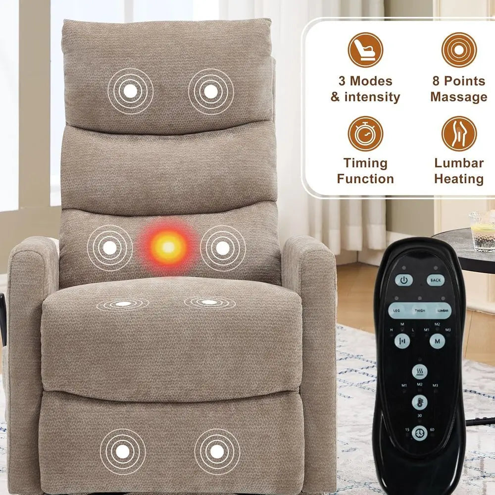 Upholstered Swivel Rocker Recliner with Vibration Massage, Plush Glider Chair with Lumbar Heat for Nurseries, Living Room Reclin