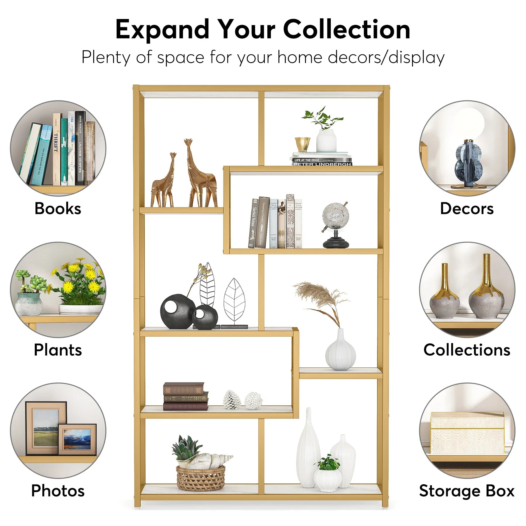 Tribesigns Gold 8-Open Shelf Étagère Bookcase with Faux Marble – Modern Display Bookshelf