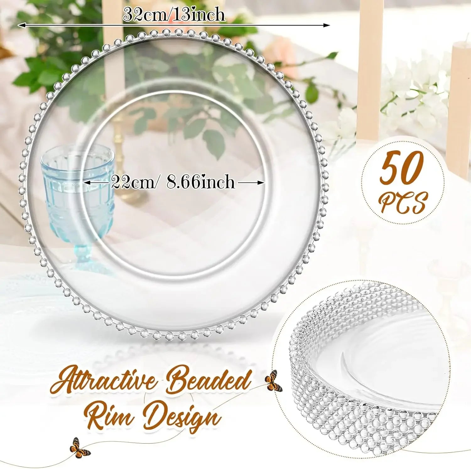 50PCS Clear Beaded Charger Plates – 13″ Acrylic Round Decorative Chargers