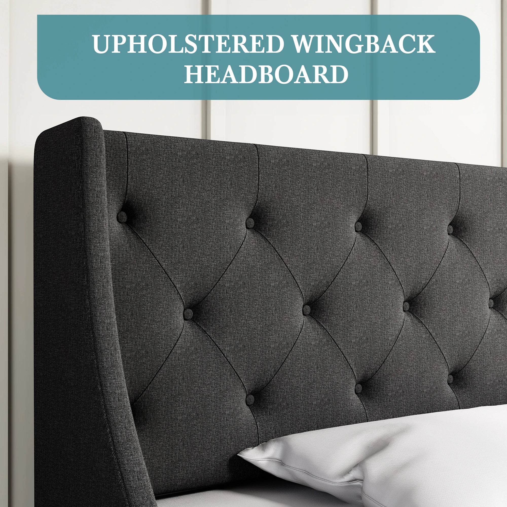 Upholstered Platform Bed Frame with 4 Storage Drawers – Wingback Button-Tufted Headboard