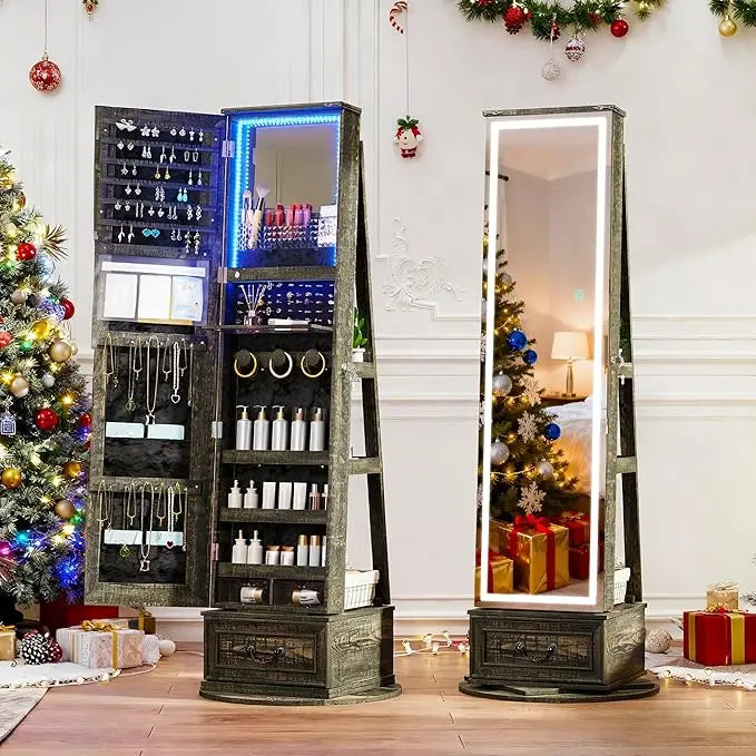 LED Mirror Jewelry Cabinet Standing, 360°Swivel Jewelry Armoire with Full Length Mirror, Mirror with Jewelry Storage