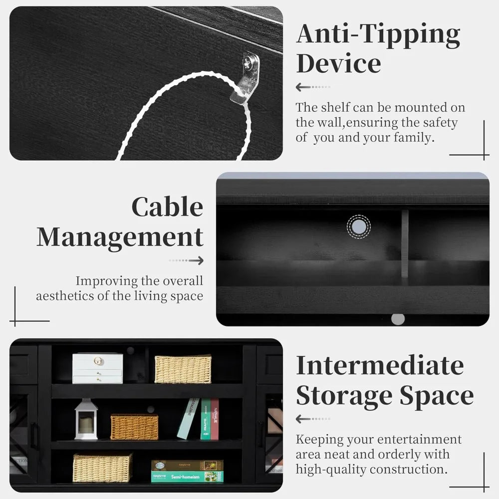 70 Inch Farmhouse TV Stand Table for 75 80 inch TV, Modern Entertainment Center with LED Lights and Glass Doors, Wooden