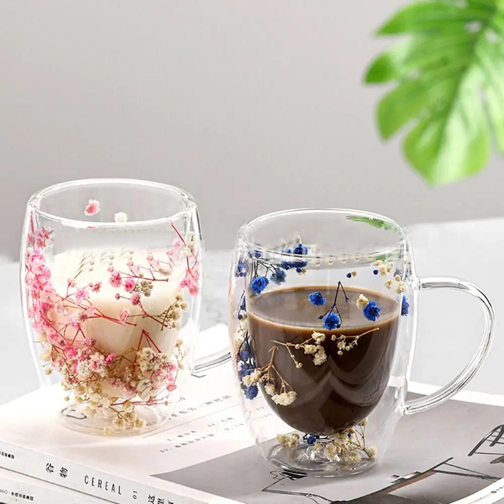 350ml Dried Flowers Glass Mugs with Handle Simple Elegant Double Wall Glass Cup Creative Heat Resistant Coffee Mug Home&Office