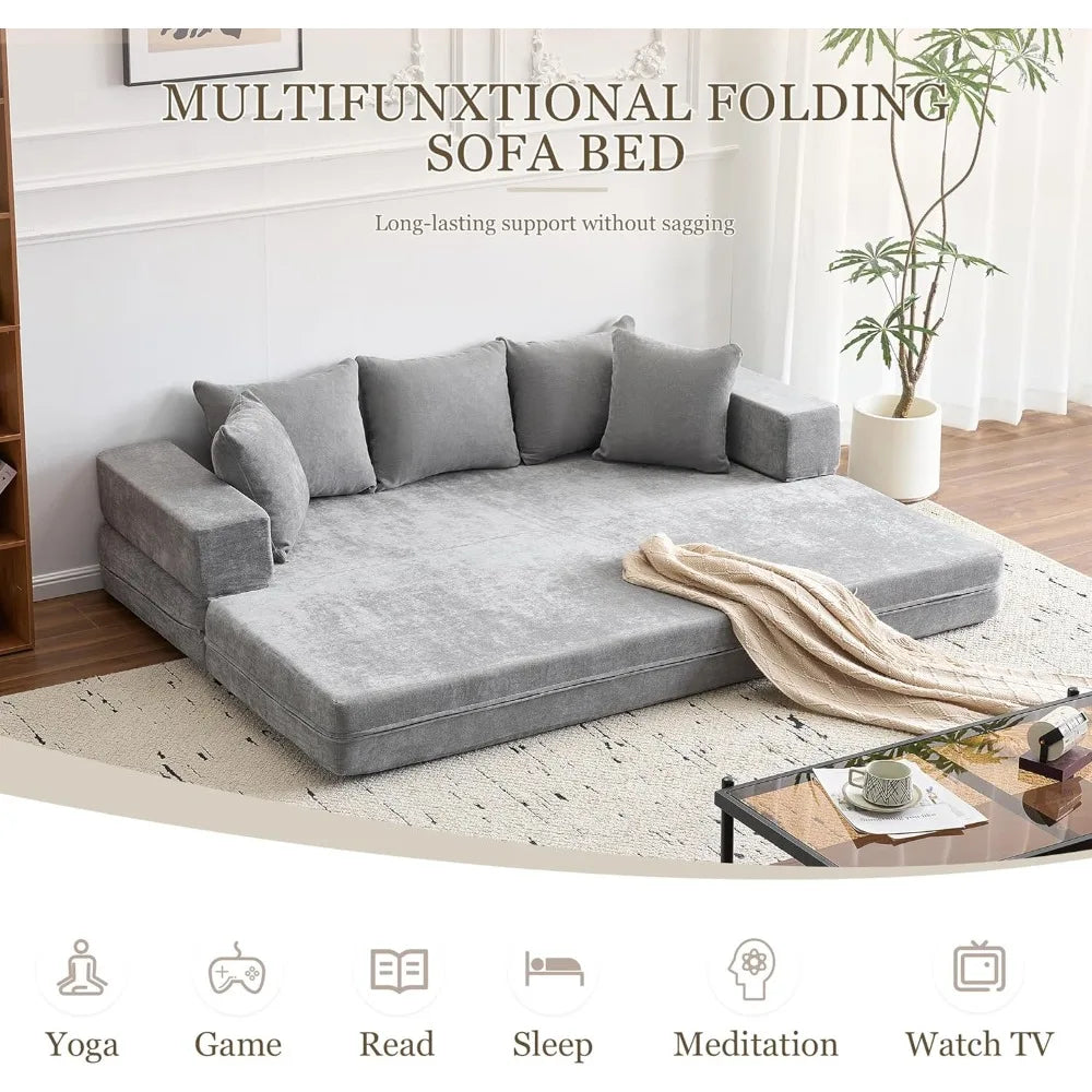 4-in-1 Convertible Folding Sofa Bed Queen, Sleeper Sofa Couch with Armrest and Pillows, Chenille Fold Out Floor Chaise Lounge
