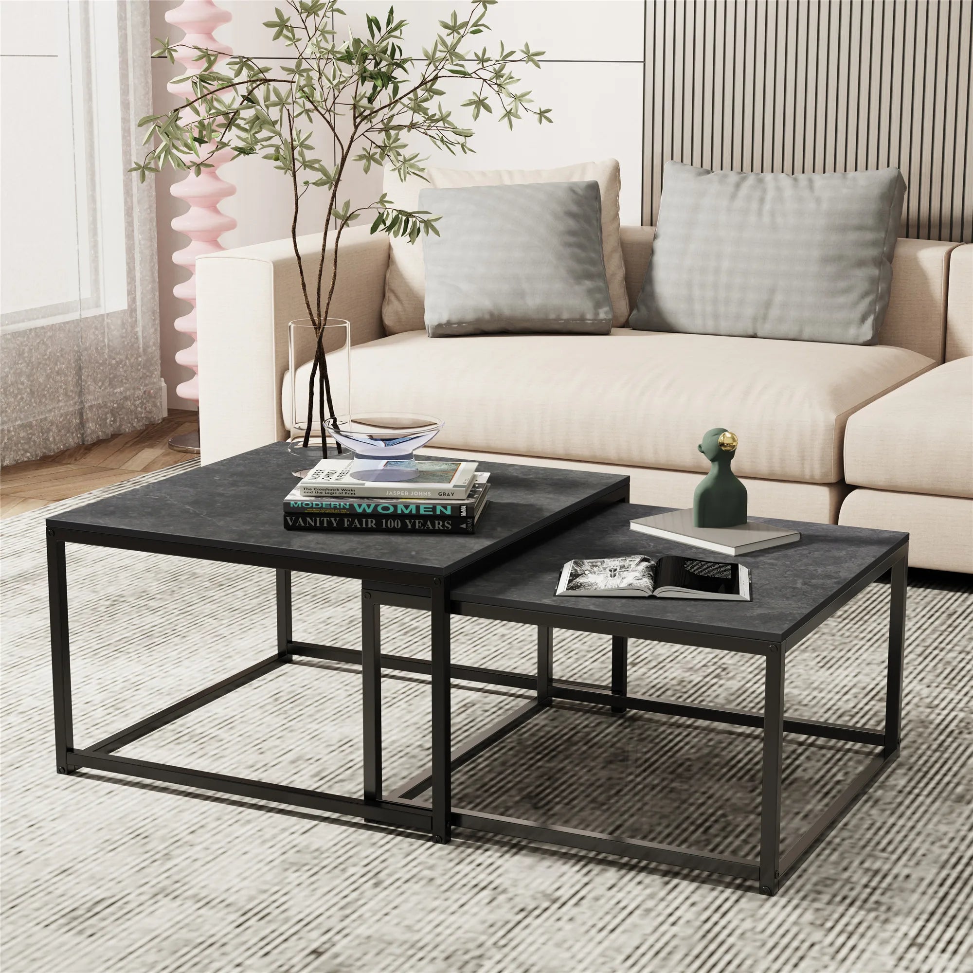 Modern Nesting Coffee Table Set of 2 – Square Marble Stackable Center Tables (White / Black)