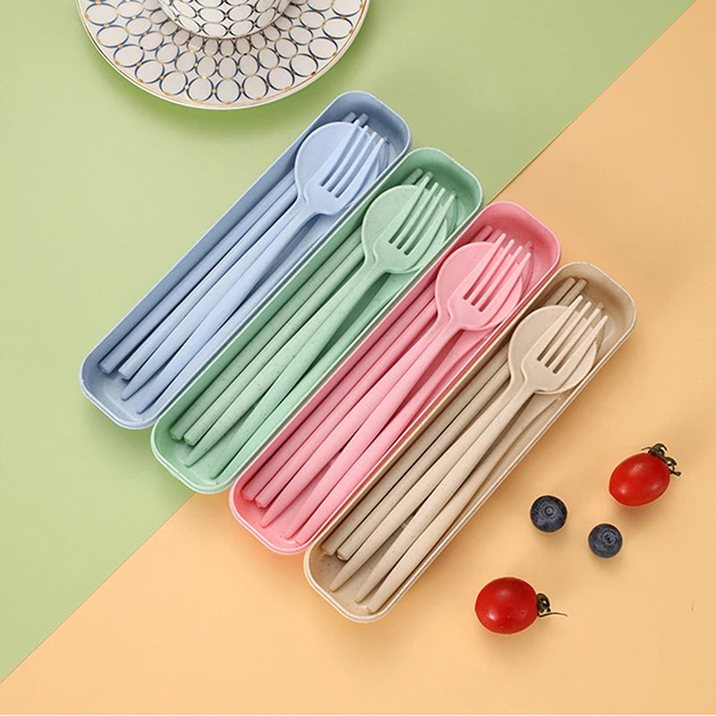 4Pcs Travel Cutlery Sets Portable Tableware Set With Box Chopsticks Fork Spoon Knife Wheat Straw Dinnerware Picnic Cutlery