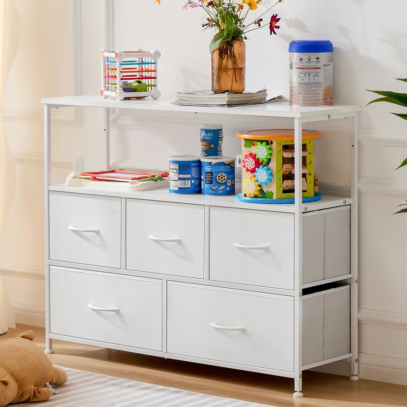 JHK TV Stand Dresser For Bedroom With 5 Fabric Drawers Storage Closet Chest Clothes Storage Display Cabinet Furniture