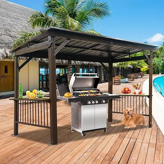 6.5x12FT Hardtop Grill Gazebo, All-Weather Outdoor BBQ Gazebo with 2 Side Shelves and 4 Ceiling Hook, Galvanized Steel Pitched R