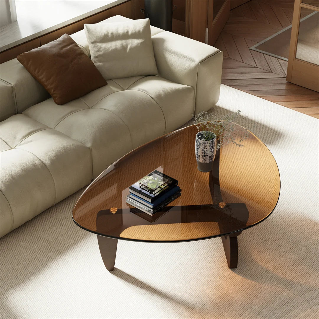 Modern Irregular Accent Coffee Table – Amber-Tinted Tempered Glass Center Table