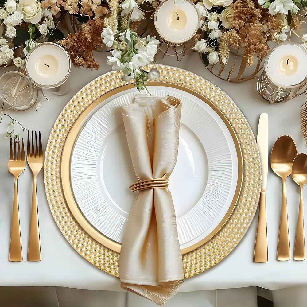 13″ Gold Charger Plates – Set of 6 Electroplated Round Chargers with Hammered Edge