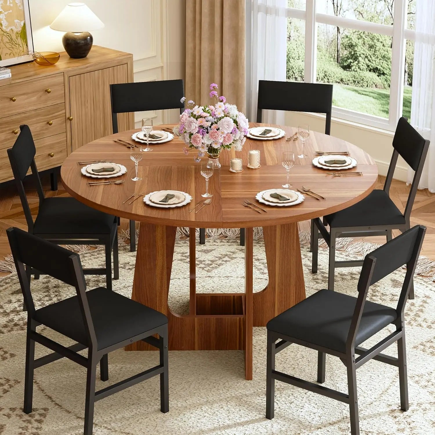 7-Piece Round Dining Table Set for 6, 47'' Wood Base Table with 6 Chairs, Brown, Space-Saving Kitchen & Living Room Furniture