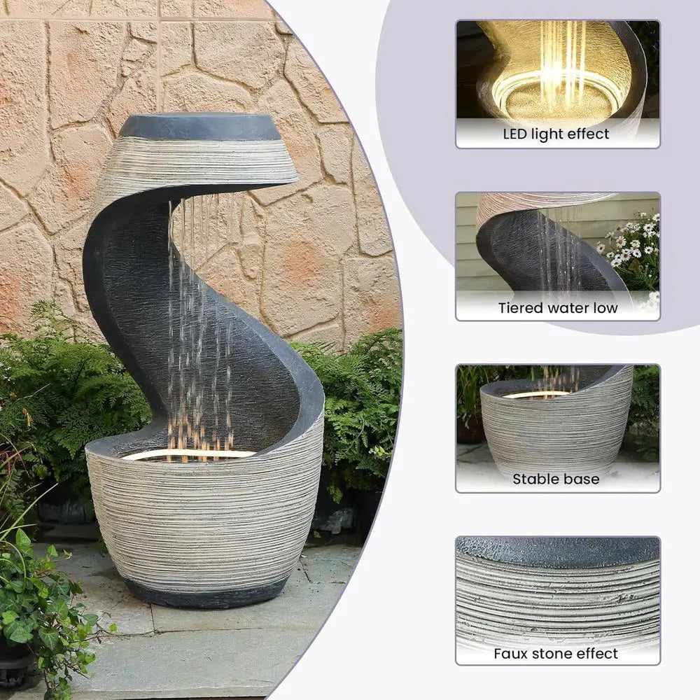 37 Tall S-Curve Rainfall Fountain with LED Light, Outdoor Garden Waterfall Feature for Patio and Yard