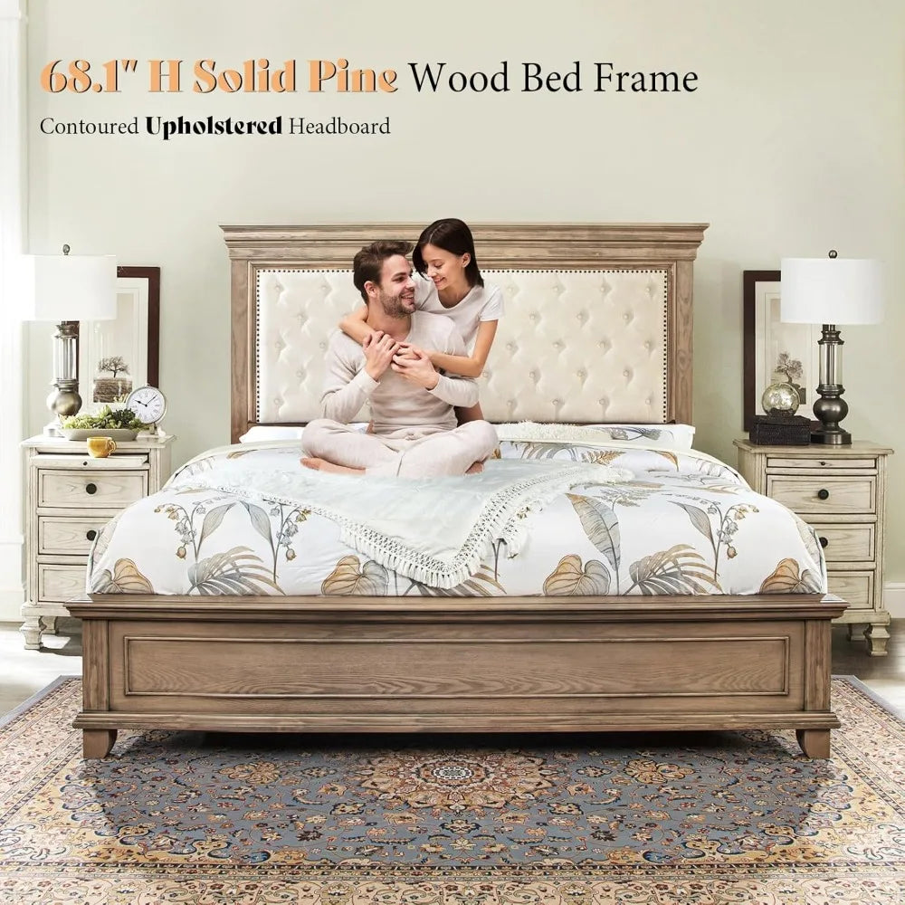 King Size Solid Wood Farmhouse Bed Frame – Upholstered Headboard, Architectural Design