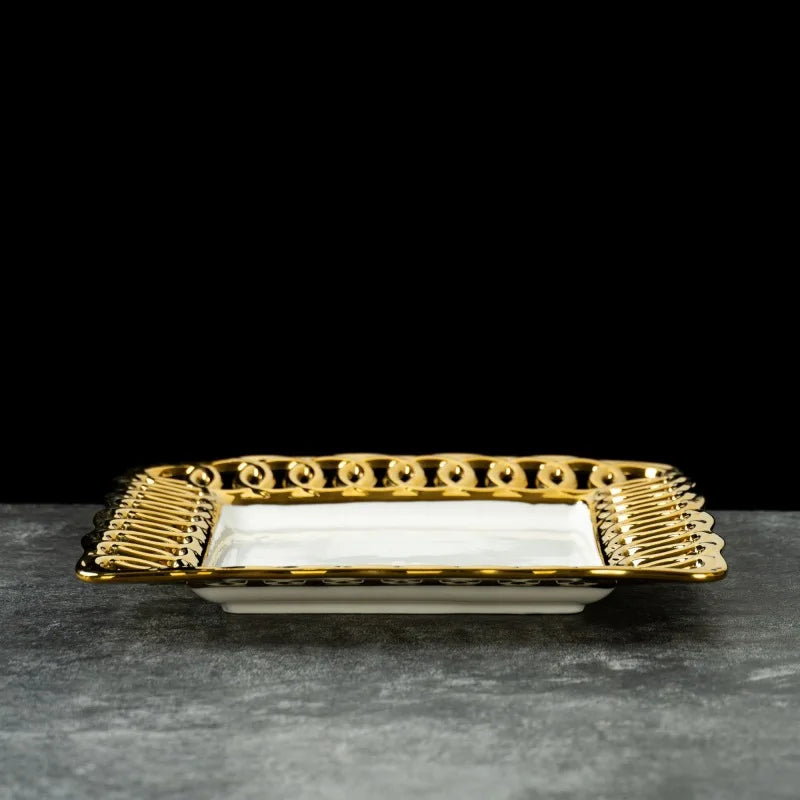 Gold-Plated Hollow-Out Ceramic Serving Plate – Decorative Steak, Dessert & Salad Plate