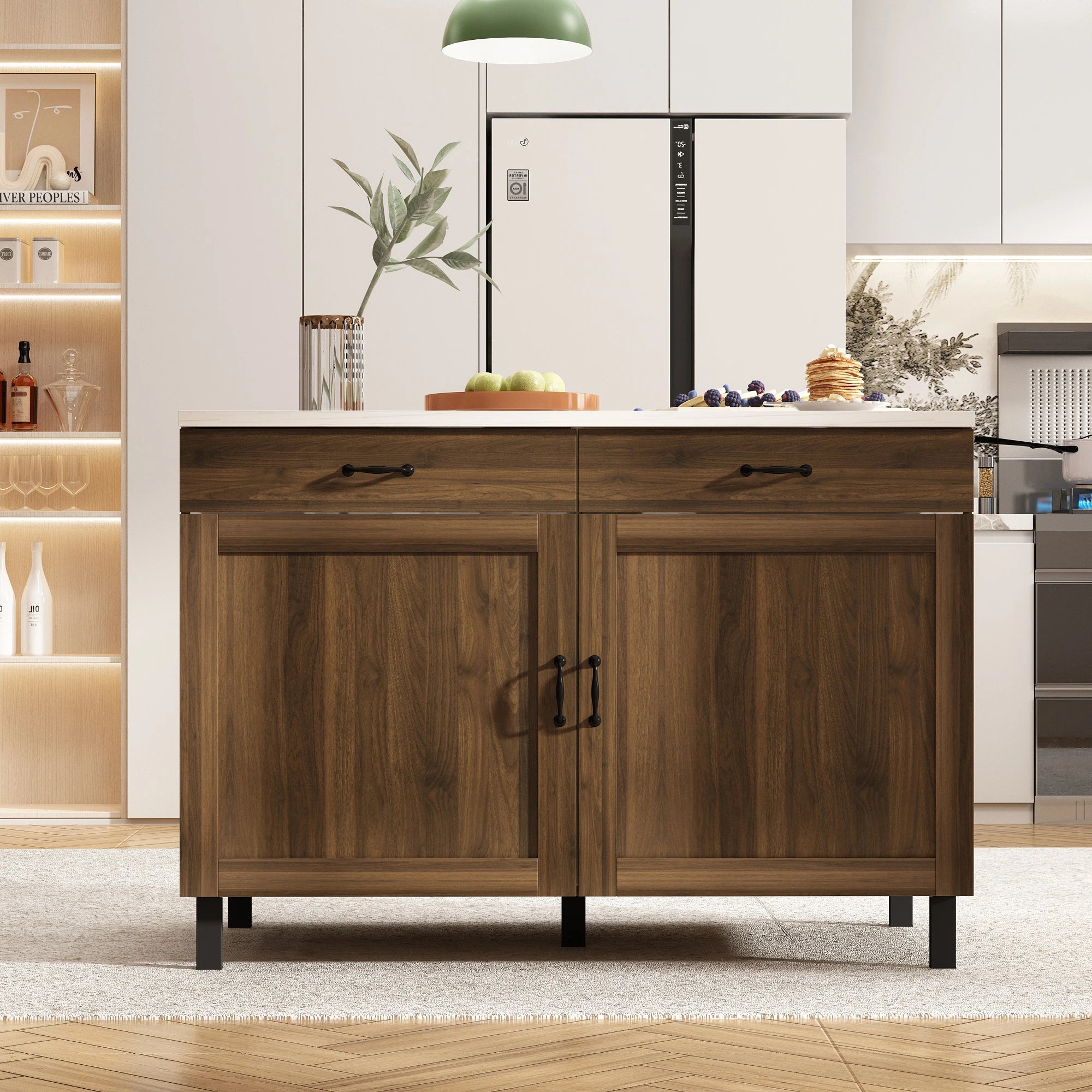 FUFU&GAGA Kitchen Island Sideboard with 2 Drawers & 2 Doors, Buffet Storage Cabinet with Marbling Top & Metal Handles, Brown