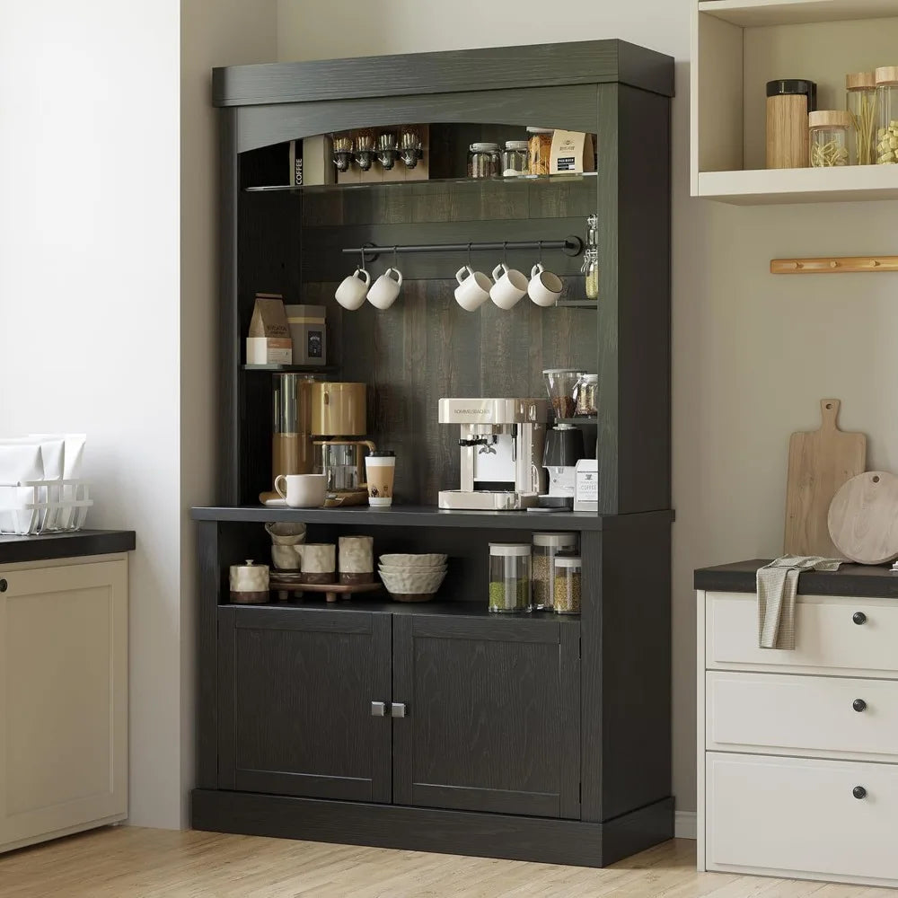 72″ Tall Farmhouse Coffee Bar Cabinet – LED Buffet Sideboard with Storage