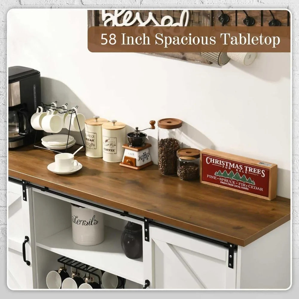 Farmhouse Coffee Bar Cabinet with Storage – 58″ Sideboard Buffet with Sliding Barn Door (White)