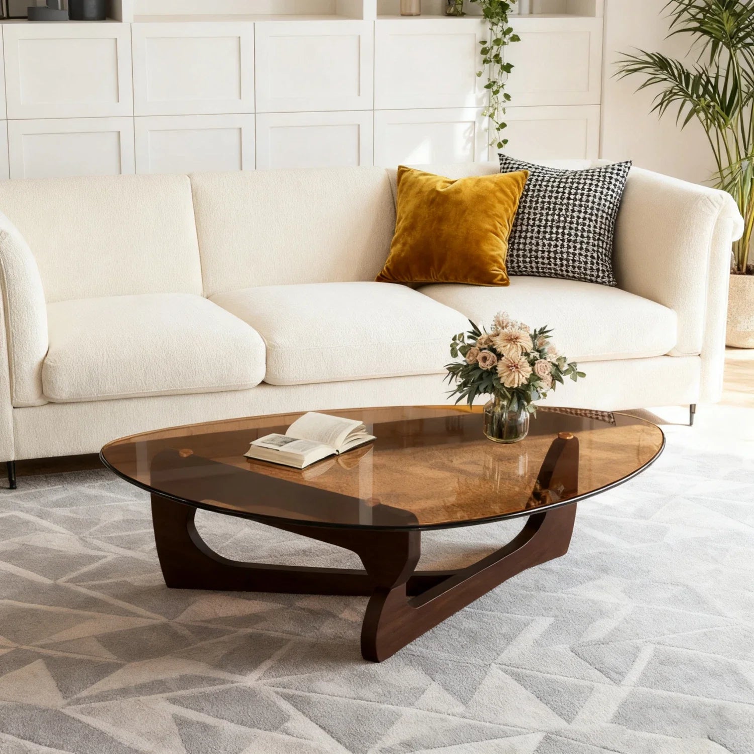 Modern Irregular Accent Coffee Table – Amber-Tinted Tempered Glass Center Table