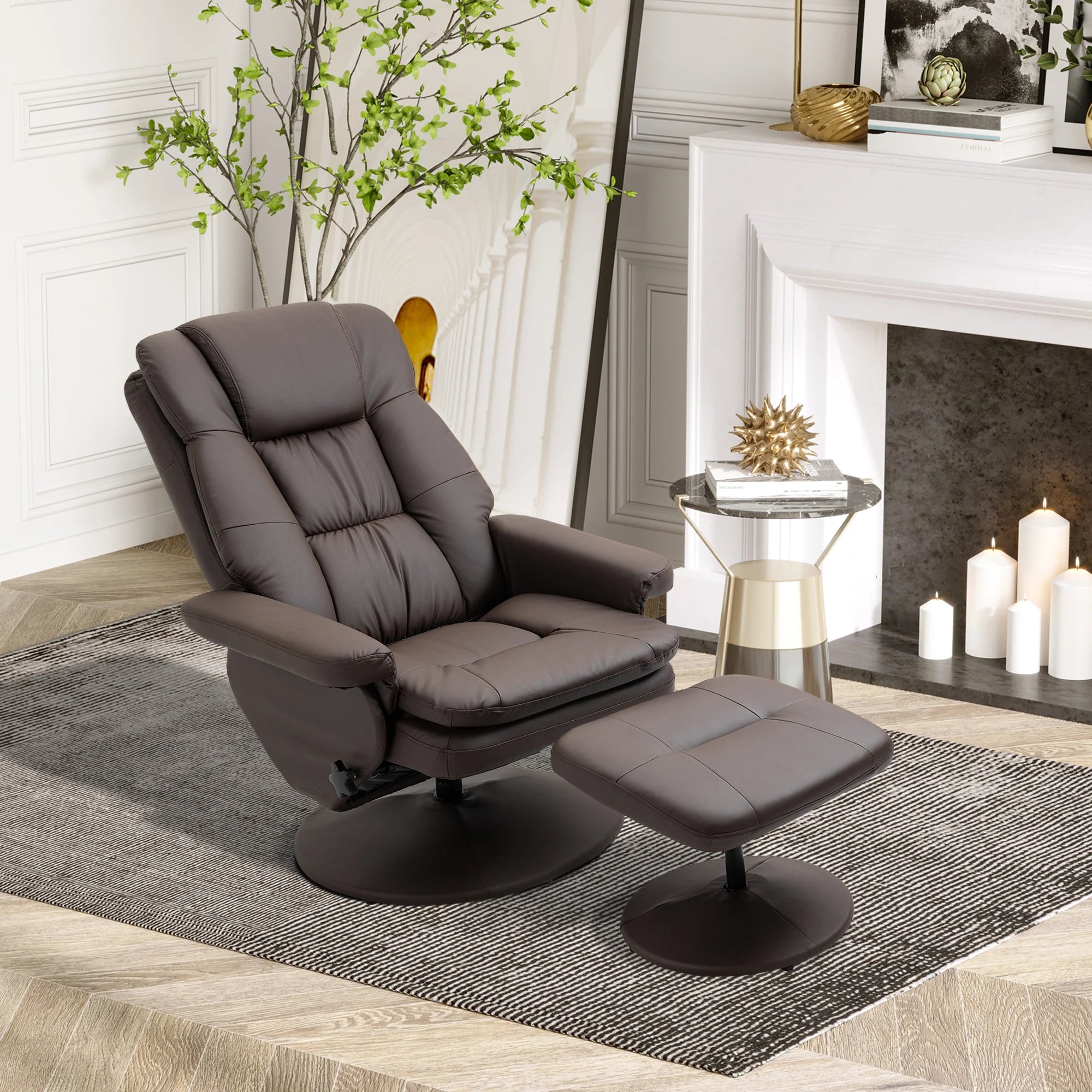 Modern PU Leather Recliner Chair, Living Room Chair w/ Footrest Ottoman, Brown