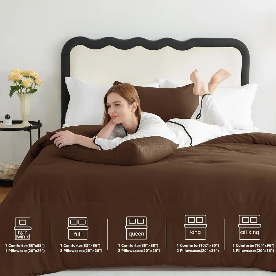 King Size Comforter Set Brown 3 Pieces Solid Comforters King Size Breathable Quilted Style Bedding Set Luxury Soft Bed Set with
