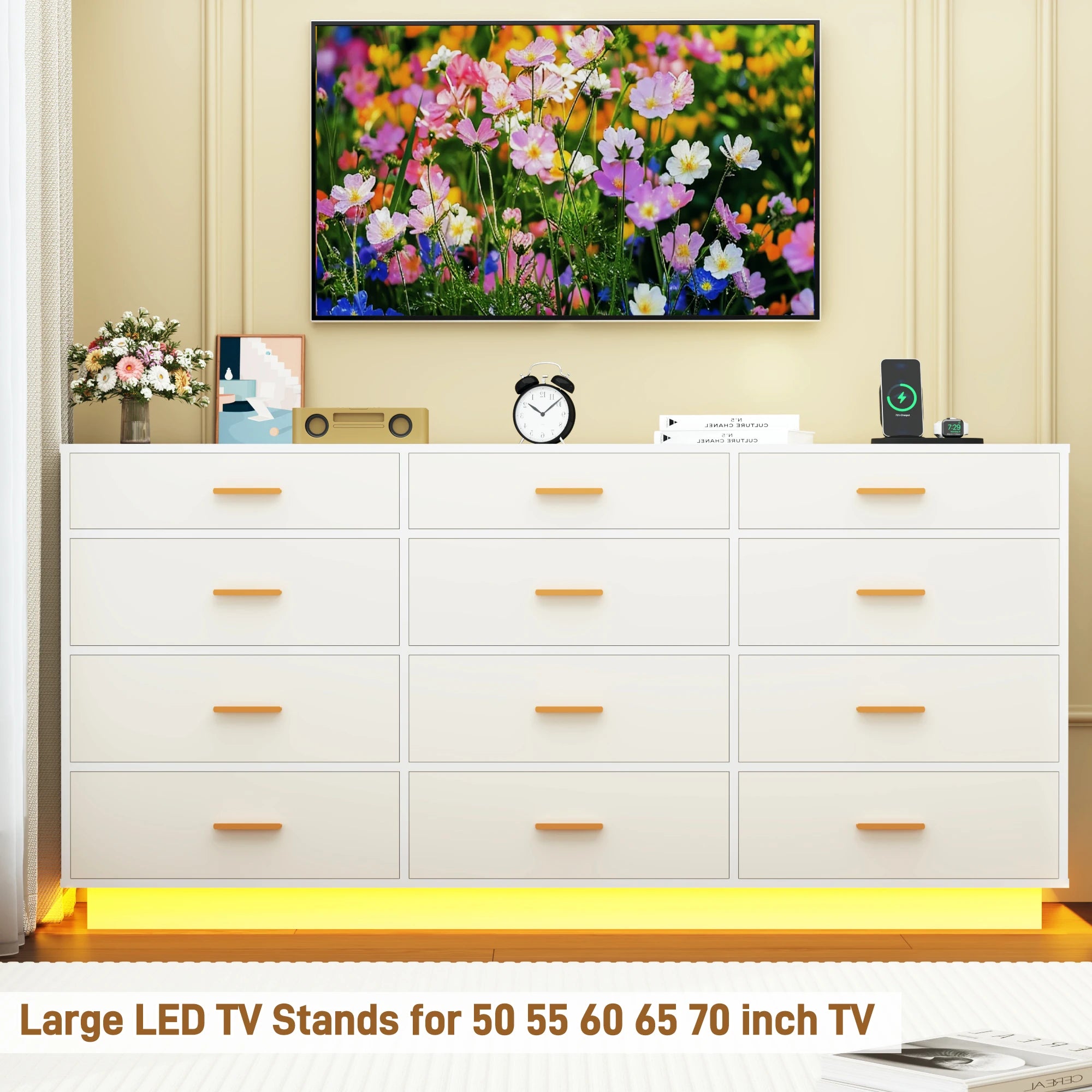 63'' Modern Chest of Drawers with Power Outlets & LED Lights, 12 Drawer Dresser for Bedroom, Wood Dresser for Living Room
