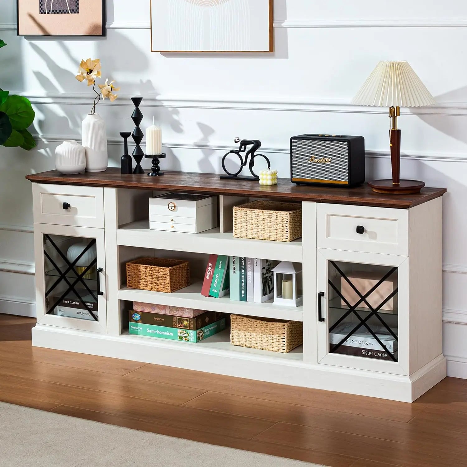 70 Inch Farmhouse TV Stand Table for 75 80 inch TV, Modern Entertainment Center with LED Lights and Glass Doors, Wooden