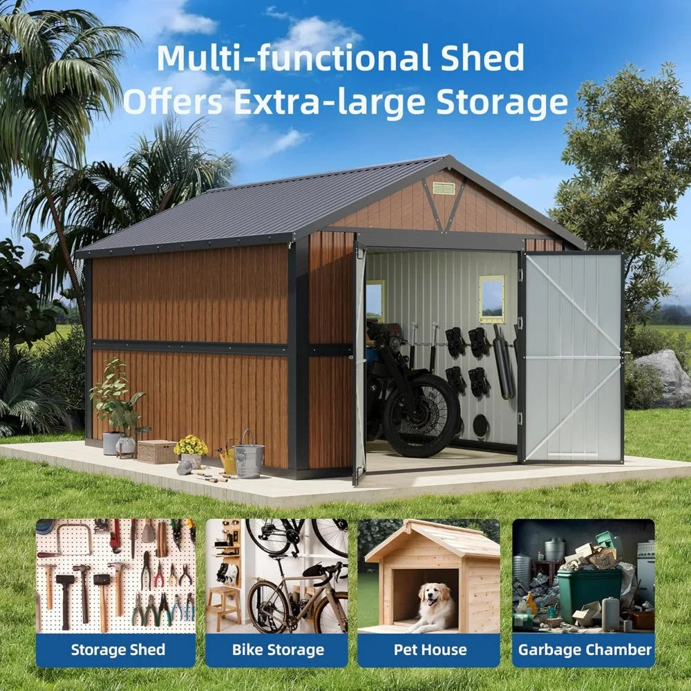 Large Outdoor Metal Storage Shed with Lockable Doors and Windows for Backyard, Patio, and Lawn Use