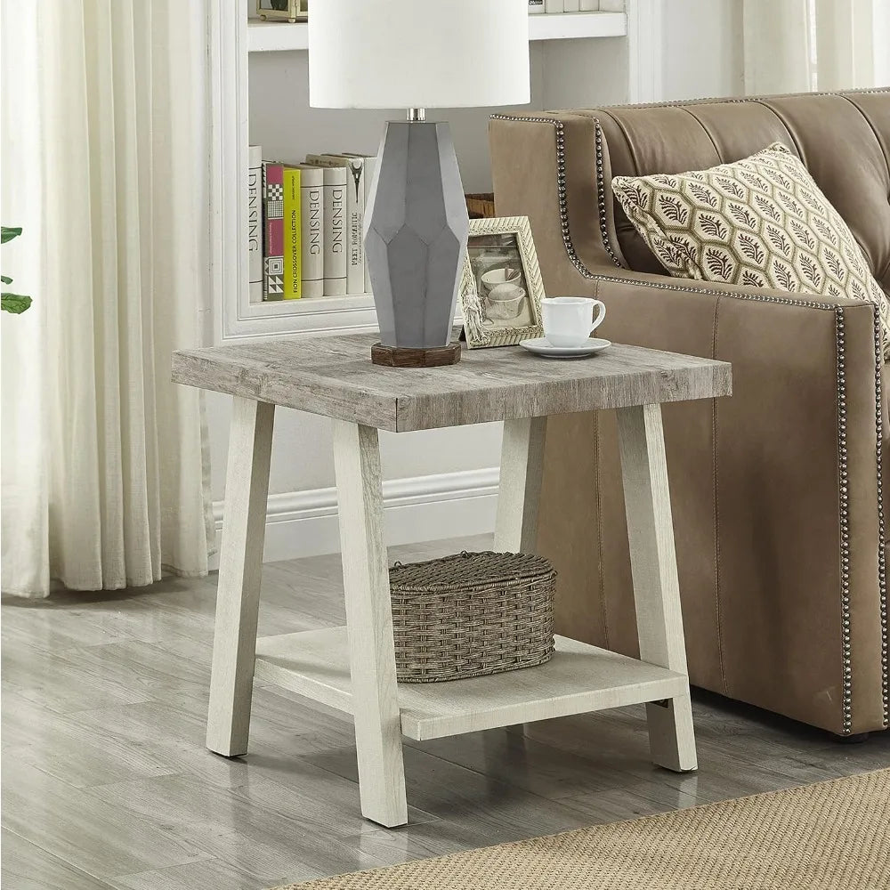 Furniture Athens Contemporary Two-Tone Wood Shelf End Table, Weathered Gray and Beige