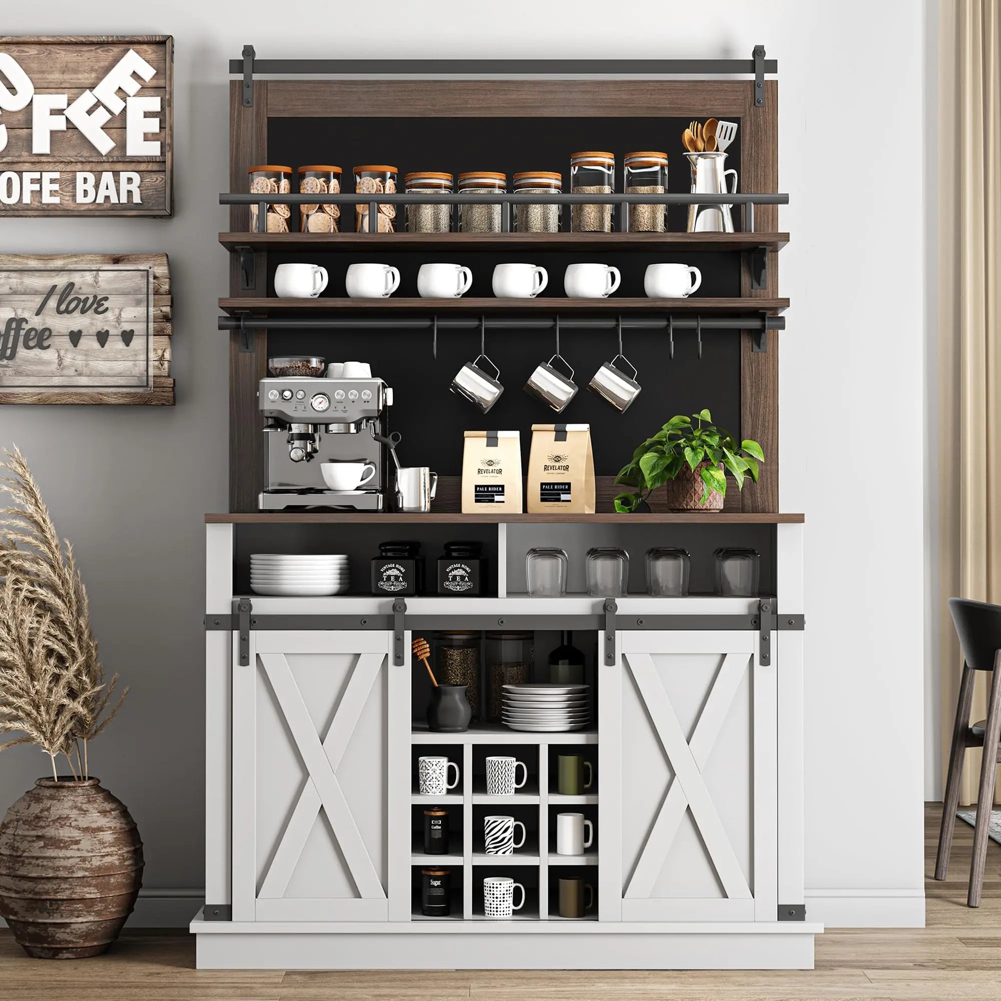 75″ Tall Farmhouse Bar Cabinet – Coffee Hutch with Sliding Barn Door