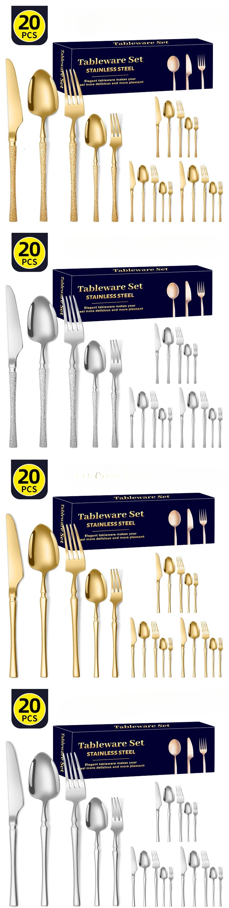 30pcs Hammer Pattern Small Waist Stainless Steel Steak Knife Fork and Spoon Creative Western Style Fork and Spoon Tableware Set