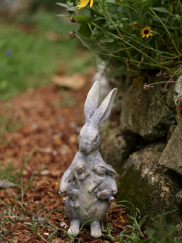 Rural gardening outdoor vintage resin rabbit mother and baby bunny figurine home desktop Easter rabbit ornament