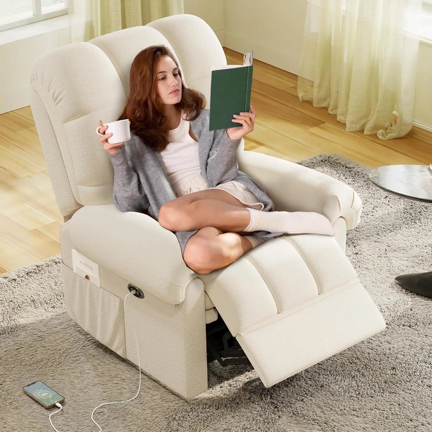Adjustable Power Recliner Chair, Soft Teddy Electric Recliner Chair, Power Recliners with USB Port, Eco-Certified Small Recliner