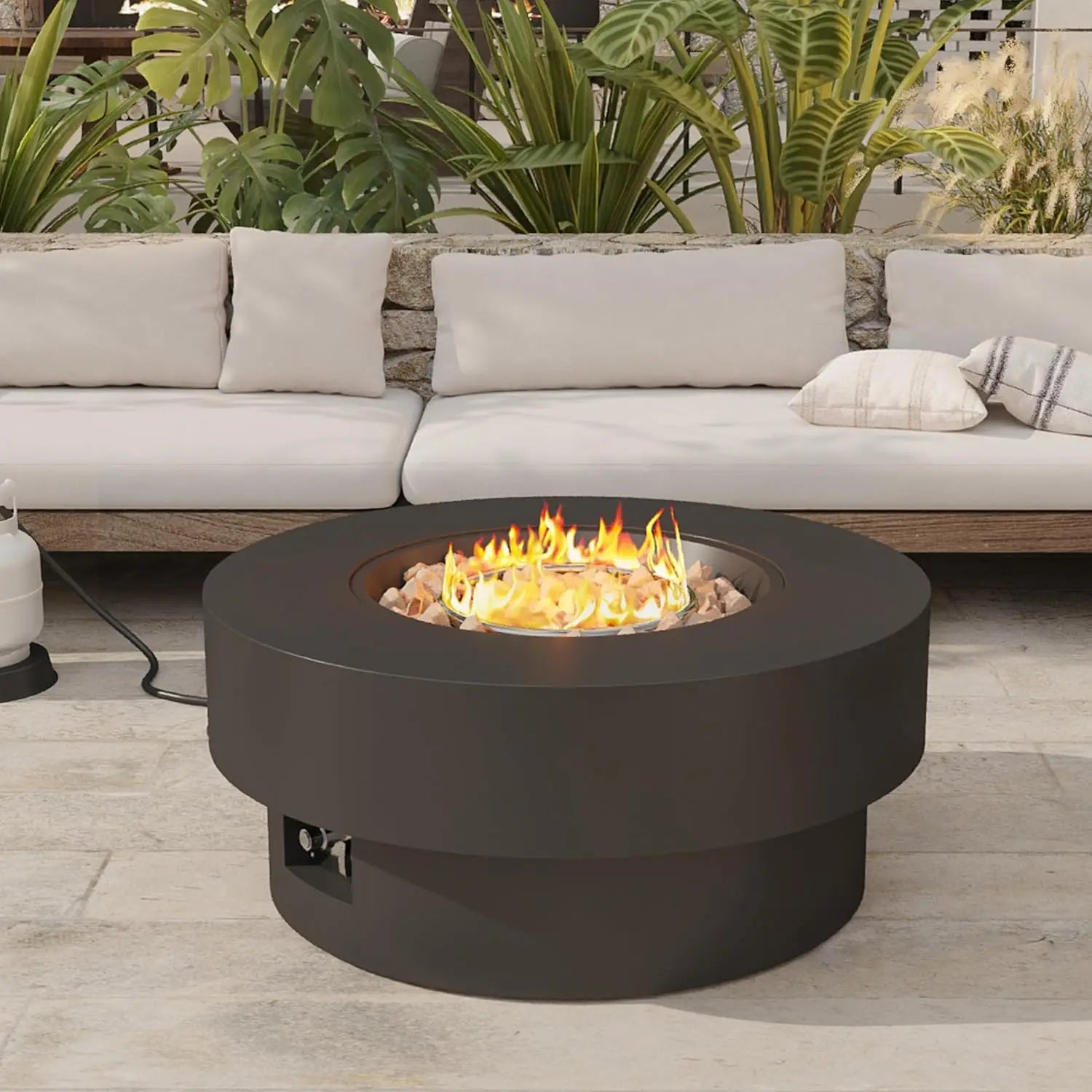 32 inch Outdoor Propane Fire Table, Round Patio Fire Pit Table, 50,000 BTU Gas FirePit with Lid, Cover, Lava Rocks, CSA Certifie