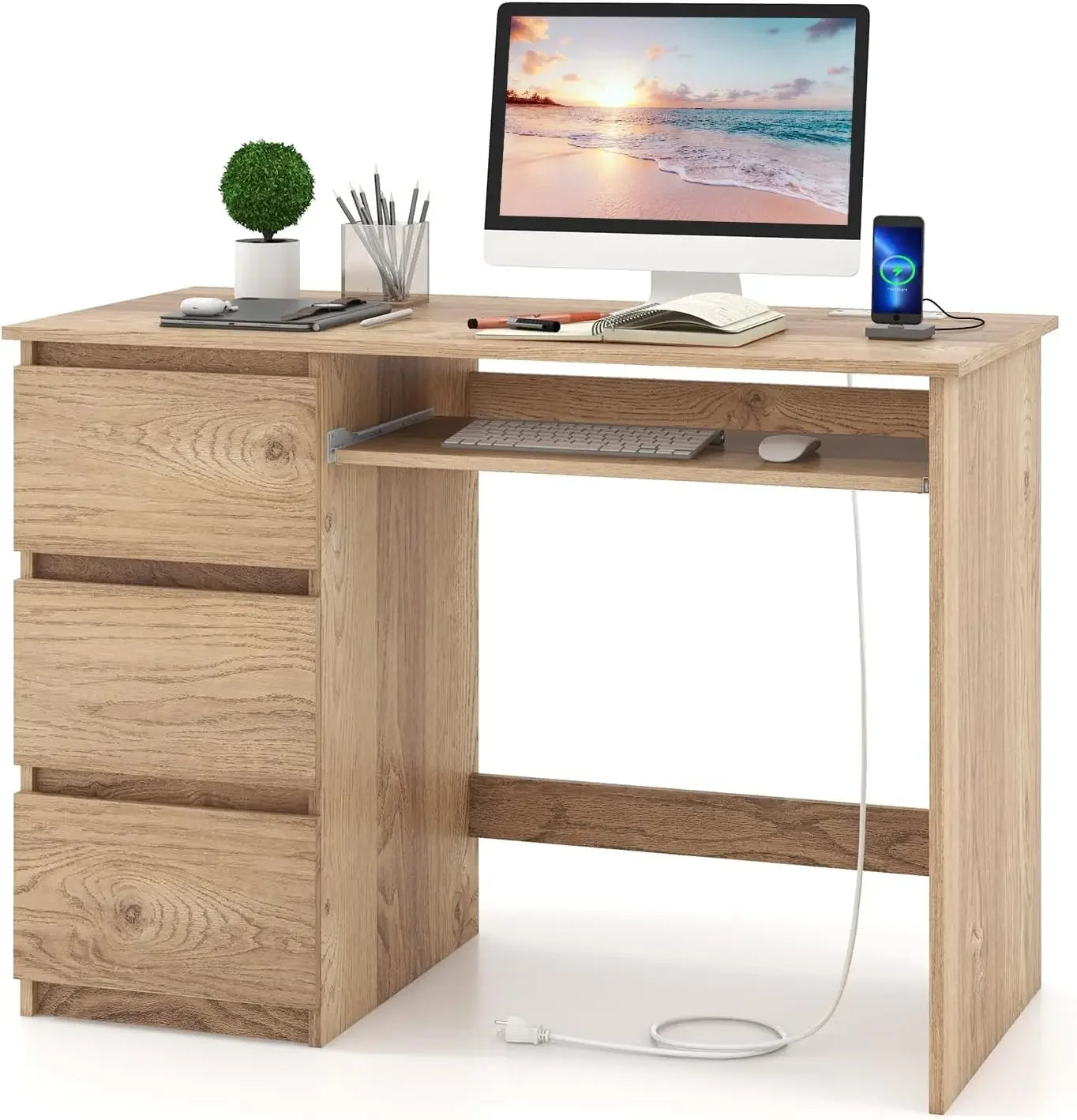 Computer Desk with 3 Storage Drawers & Built-in Charging Station, Home Office Desk with Keyboard Tray, PC Desk Study