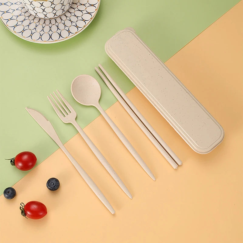 4Pcs Travel Cutlery Sets Portable Tableware Set With Box Chopsticks Fork Spoon Knife Wheat Straw Dinnerware Picnic Cutlery