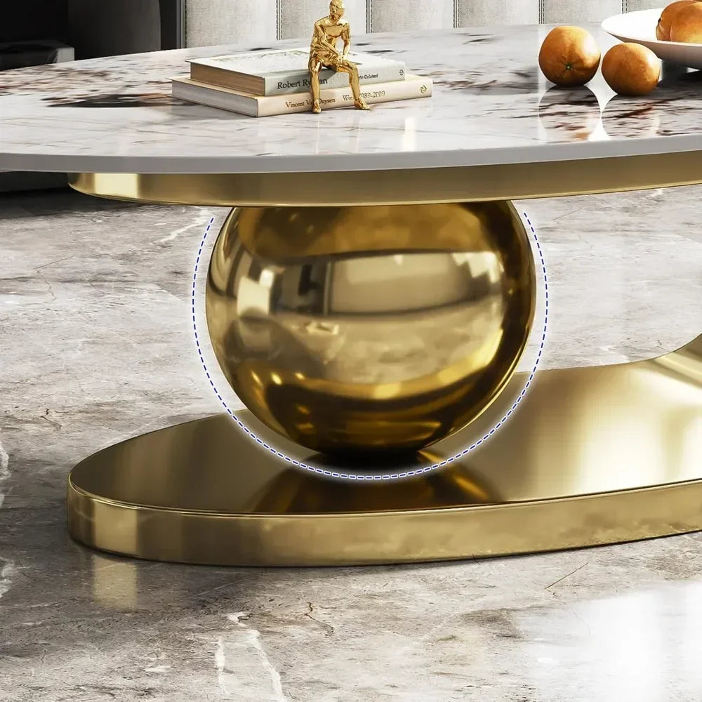 Modern Oval Stone Coffee Table – Abstract Gold Metal Base Center Table