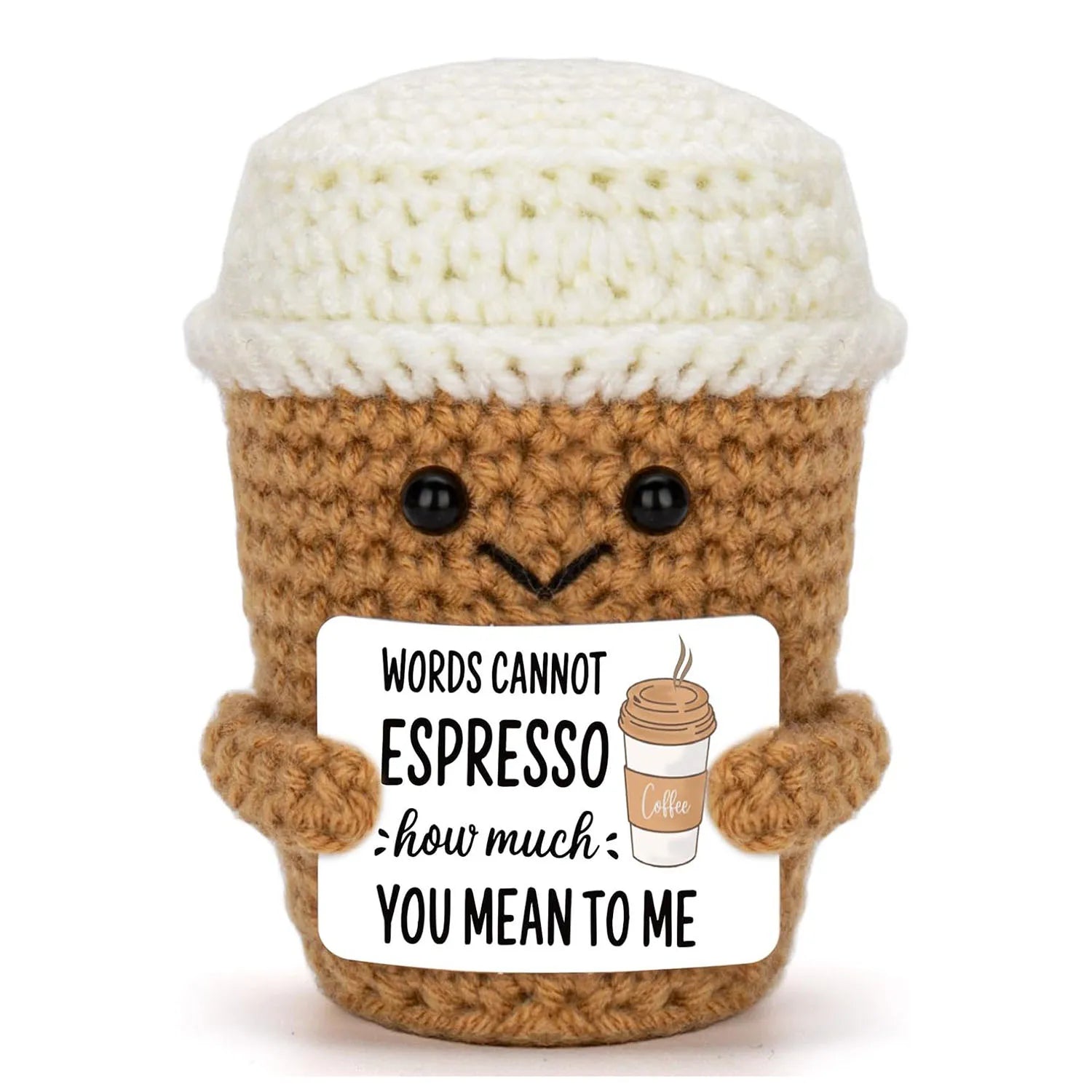 Handwoven Positive Energy Coffee Cup Plush – Funny Knitted Doll Desk Decoration