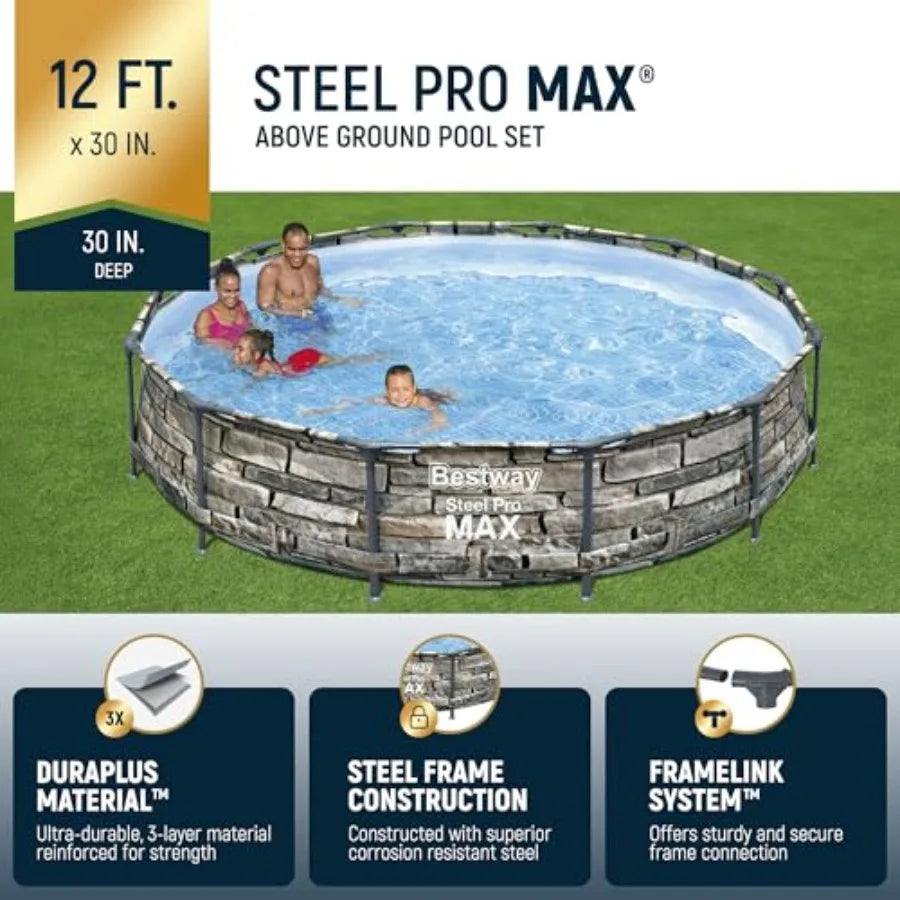Steel Pro Max Round Above-Ground Family Pool – 12′ × 30″ Steel Frame Set
