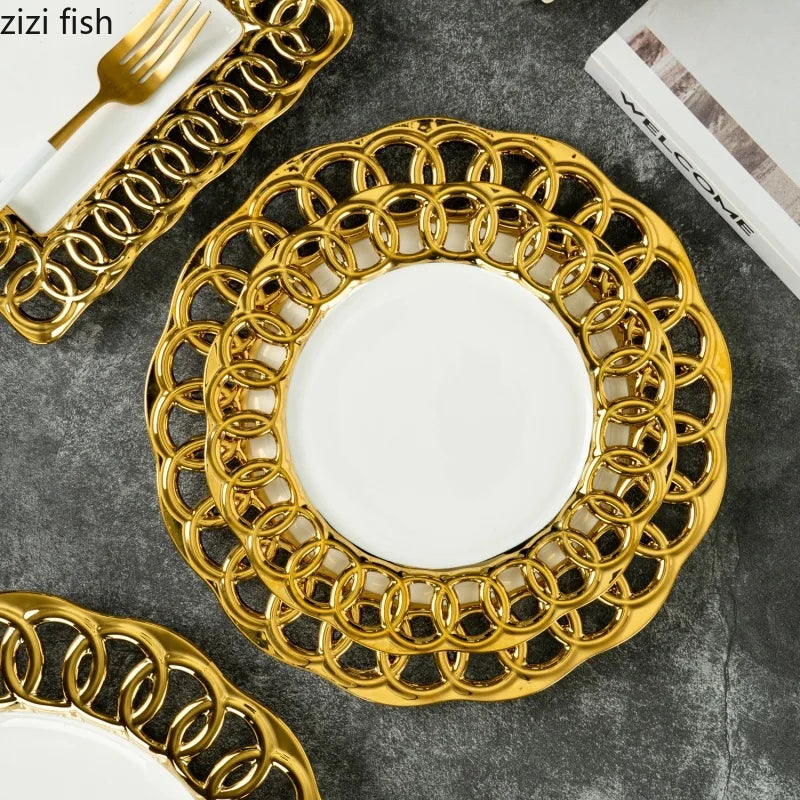 Gold-Plated Hollow-Out Ceramic Serving Plate – Decorative Steak, Dessert & Salad Plate