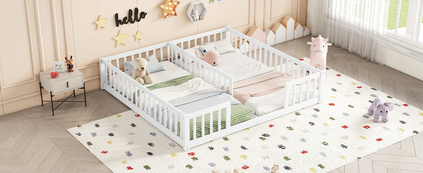 Double Twin Floor Bed with Fence & Guardrails – Doorless Design