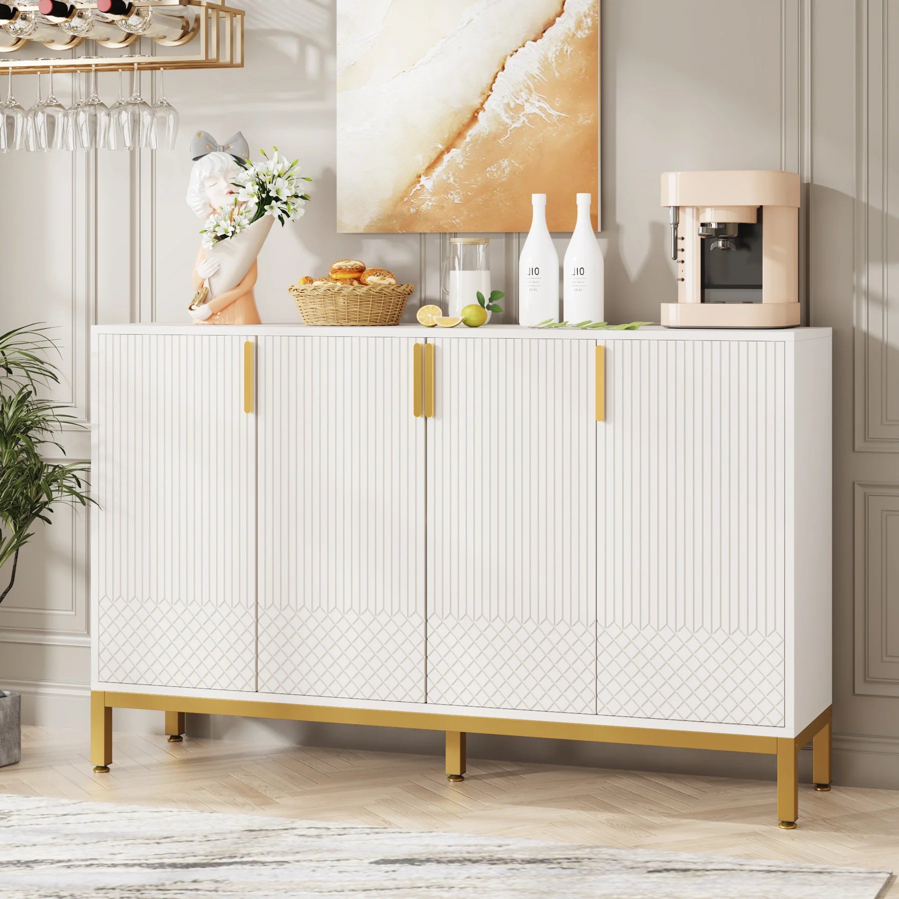 Tribesigns Modern Storage Cabinet, 59 Inch Console Cabinet Sideboard Buffet Cabinet with 4 Doors & Gold Metal Base